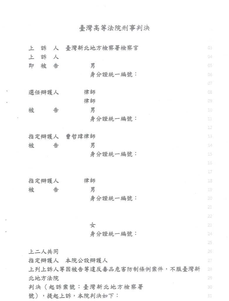 去識別後之第二審判決書第一頁(當事人欄與辯護人欄)