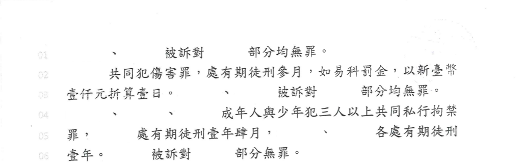 去識別後之第一審判決書第二頁(主文續,含三處無罪諭知)